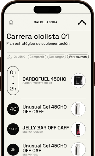 Pantalla de estrategia de carrera en la app de Santa Madre