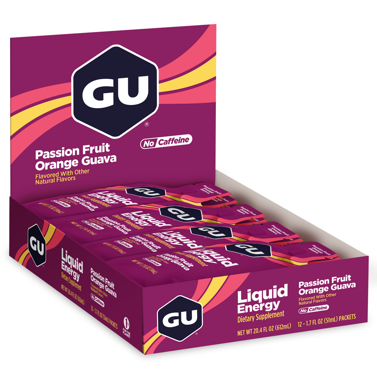 GU Liquid Energy Gel Passion Fruit Orange Guava, caja abierta