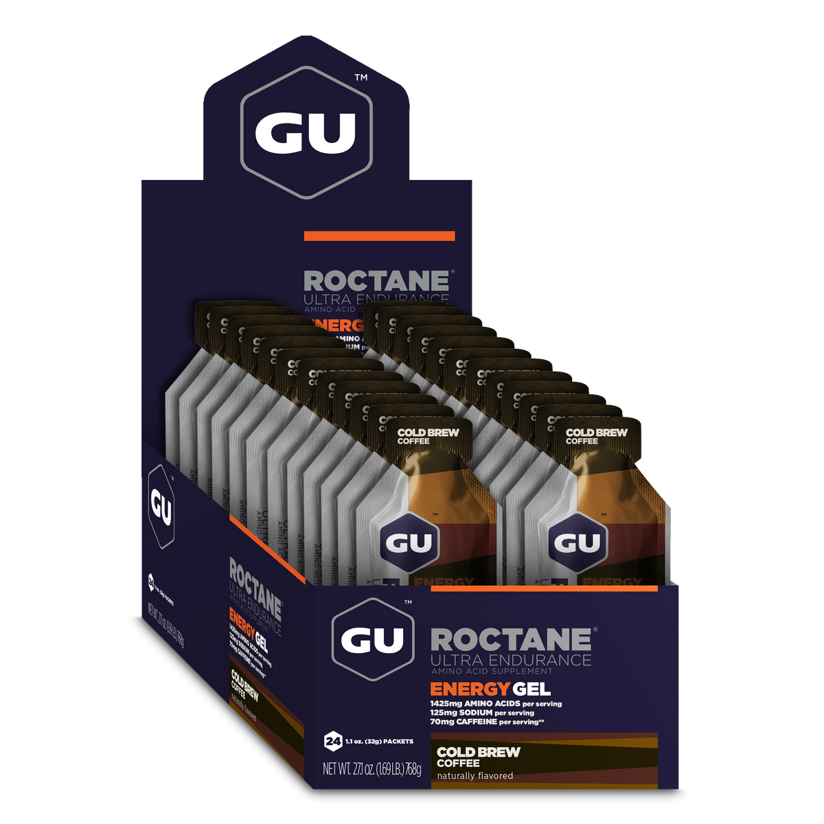 GU Roctane Energy Gel Cold Brew Coffee, caja abierta